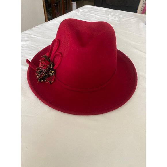 Vintage Women Red 100% Wool Hat With Black Plaid Wool Flower Ribbon Statement - Picture 4 of 7